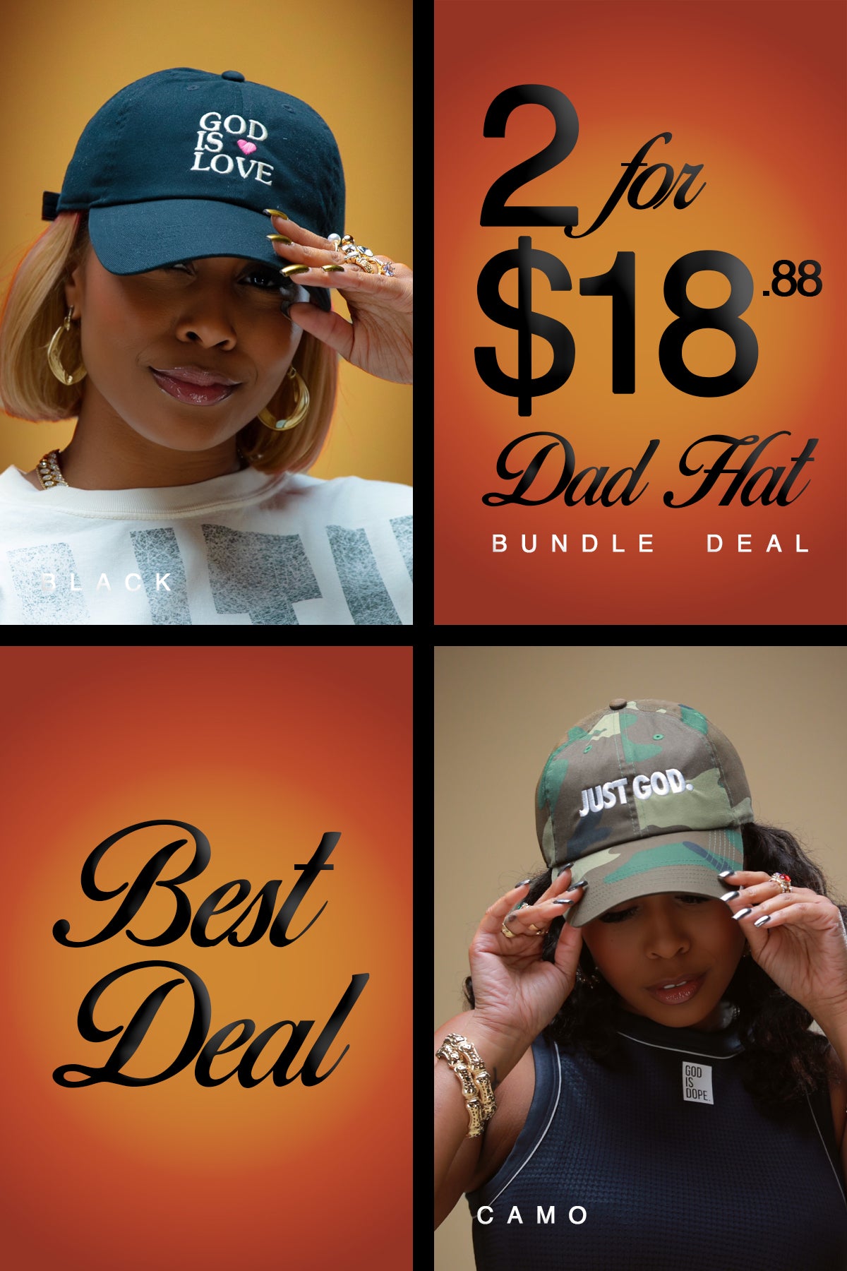 2 Dad Hat Bundle (Camo Just God/Black God is Love)