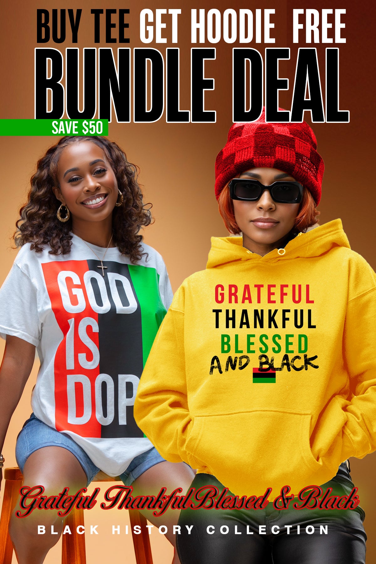 **FREE Hoodie Bundle** Grateful, Thankful, Blessed (Gold, Red, Black & Green)