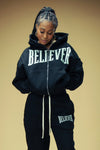 OVERSIZED CROPPED BELIEVER LOGO HOODIE (BLACK/OFF-WHITE)