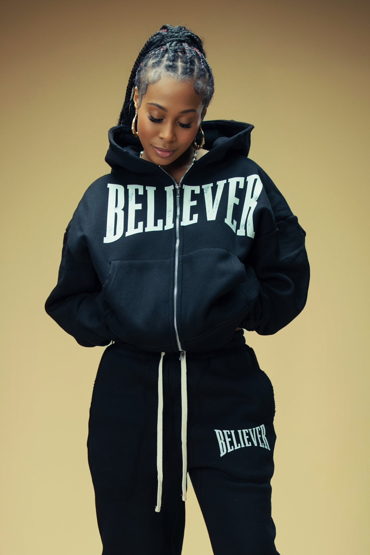 OVERSIZED CROPPED BELIEVER LOGO HOODIE (BLACK/OFF-WHITE)