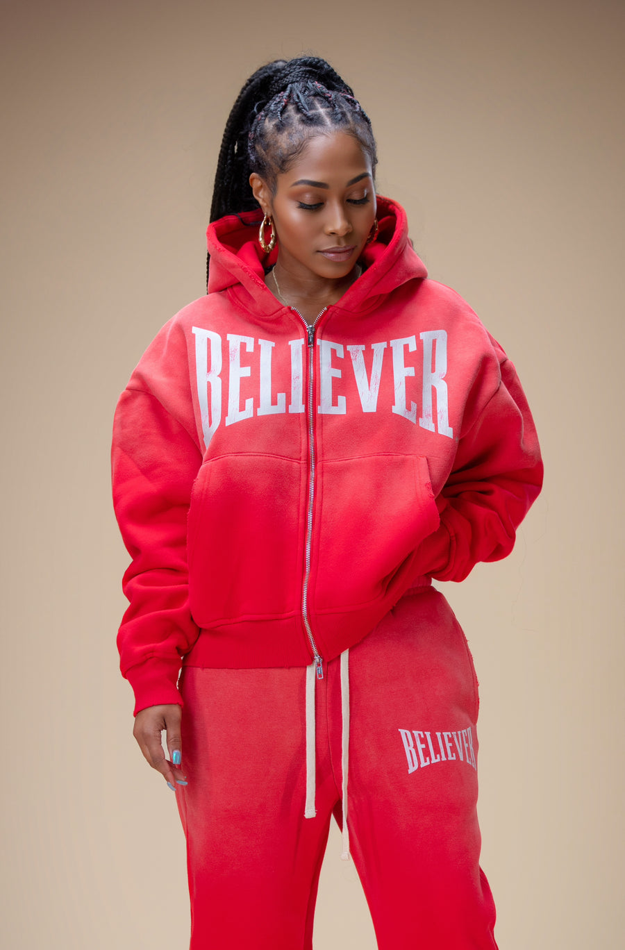OVERSIZED CROPPED BELIEVER LOGO HOODIE (RED/OFF-WHITE)