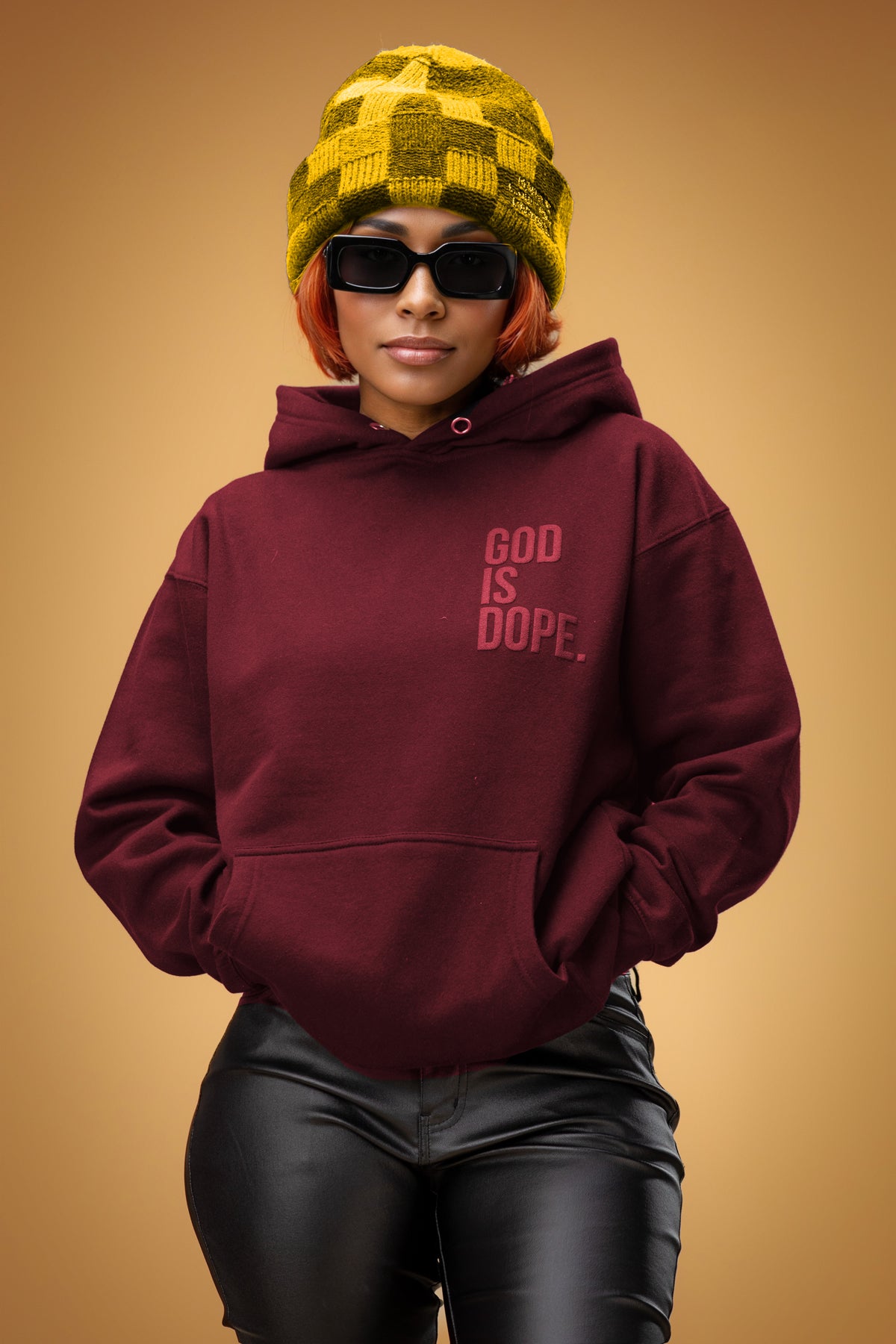 Monochromatic Lightweight God Is Dope Corner Logo Hoodie (Wine on Wine)