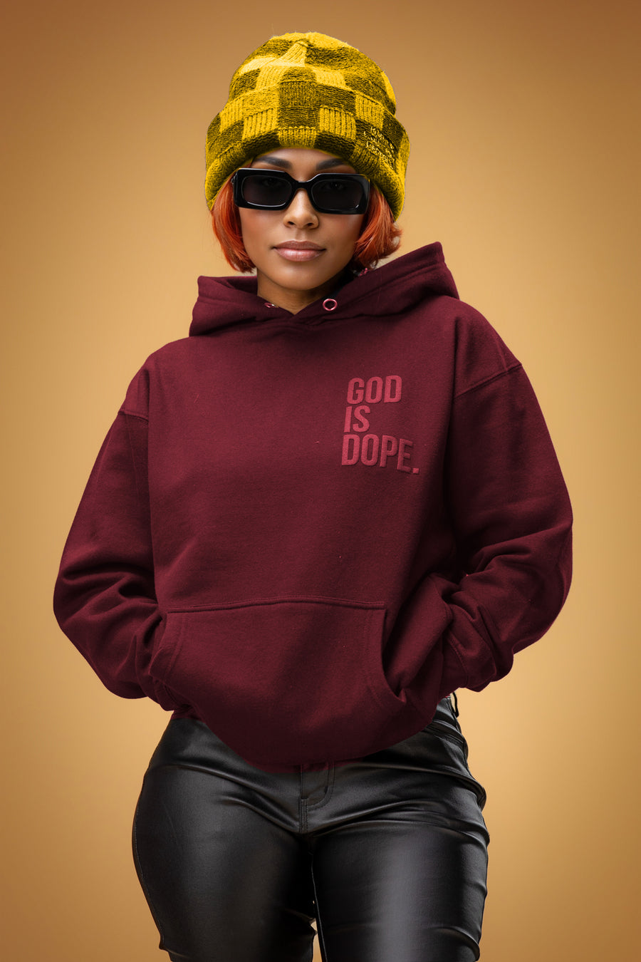 Monochromatic Lightweight God Is Dope Corner Logo Hoodie (Wine on Wine)