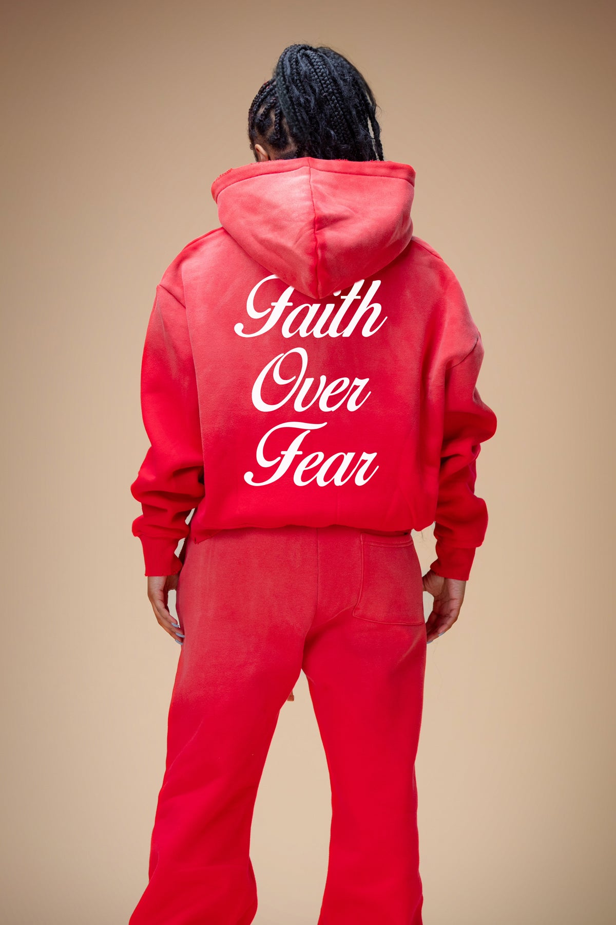 OVERSIZED CROPPED BELIEVER LOGO HOODIE (RED/OFF-WHITE)