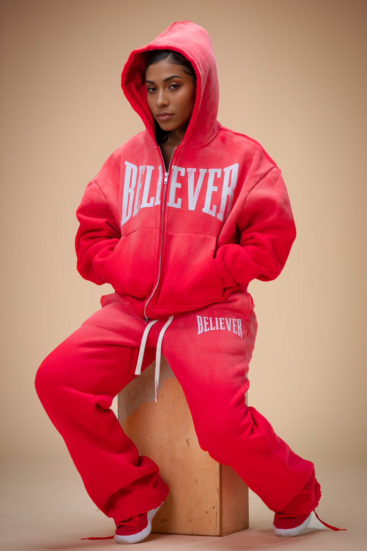 OVERSIZED CROPPED BELIEVER LOGO HOODIE (RED/OFF-WHITE)