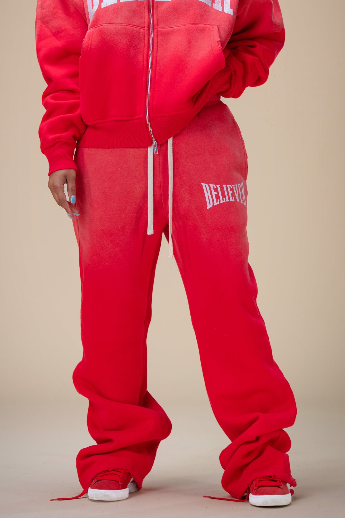 OVERSIZED BELIEVER WIDE LEG SWEAT PANTS (RED/OFF-WHITE)
