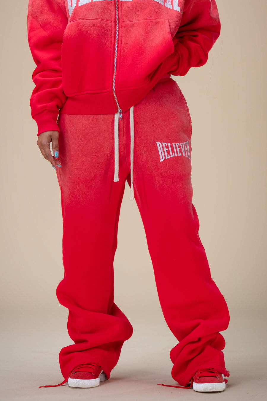 OVERSIZED BELIEVER WIDE LEG SWEAT PANTS (RED/OFF-WHITE)