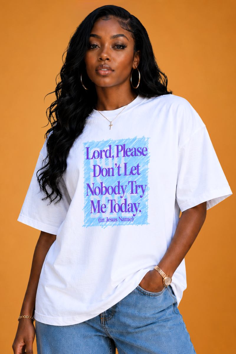 Lord, Please Don't Let Nobody Try Me Today Tee (White/Purple/Teal)