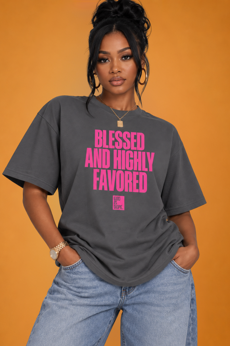 Blessed and Highly Favored Tee (Charcoal/ Pink)