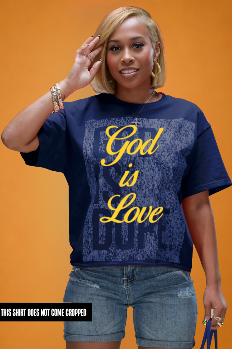 OVERSIZED BOX LOGO | GOD IS LOVE OVERLAY TEE (NAVY/GOLD)