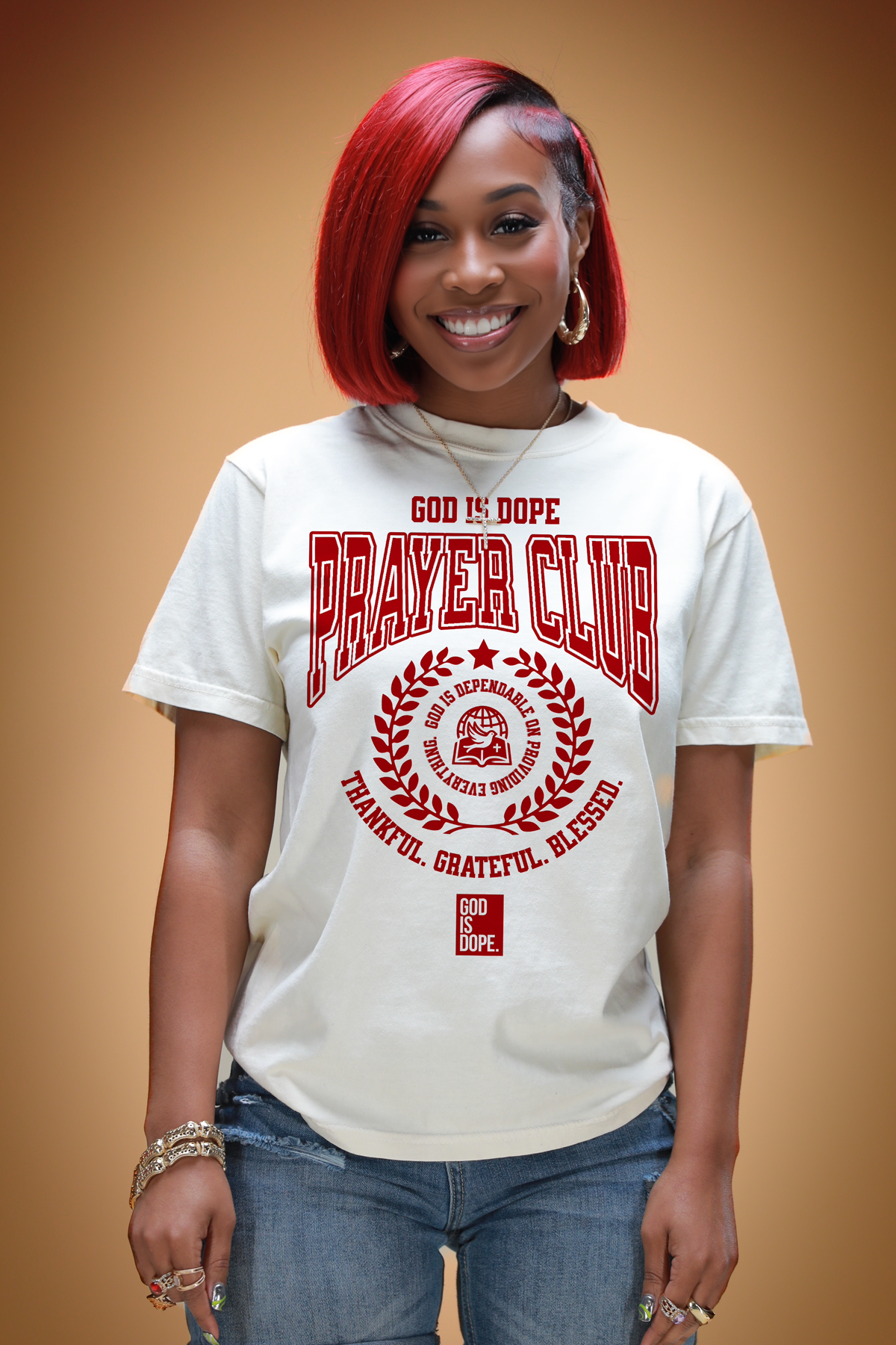Prayer Club Tee (Natural/ Deep Red)